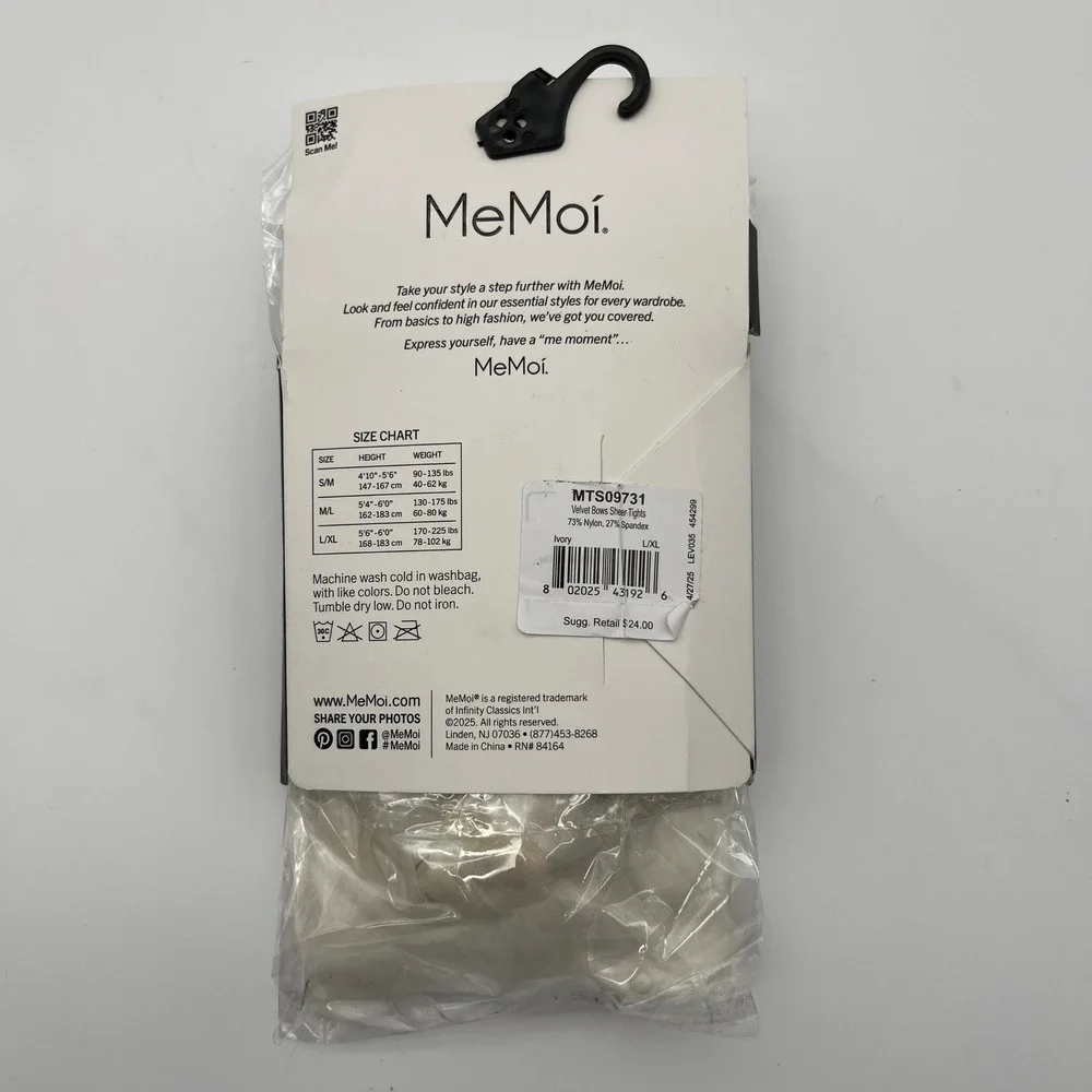 MeMoi Tights‎ Women L/XL Ivory Velvet Bows Sheer Tights MTS09731 Fashion Hosiery